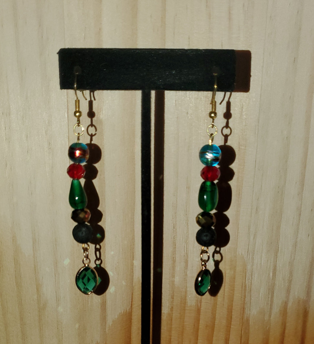 Turquoise, red and gold dangle earrings with emerald charm