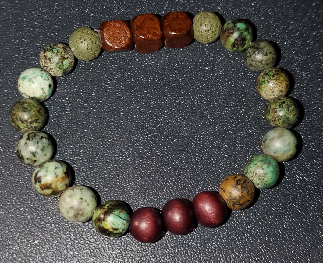 Turquoise stone and brown wooden bead bracelet