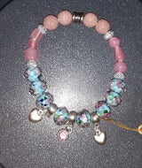 Pink glass and blue flower faceted beaded charm bracelet